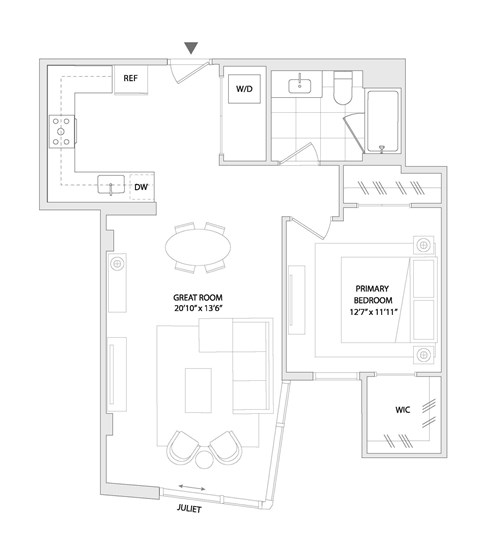Floor plan for 1 bed, 1 bath, 769 sqft